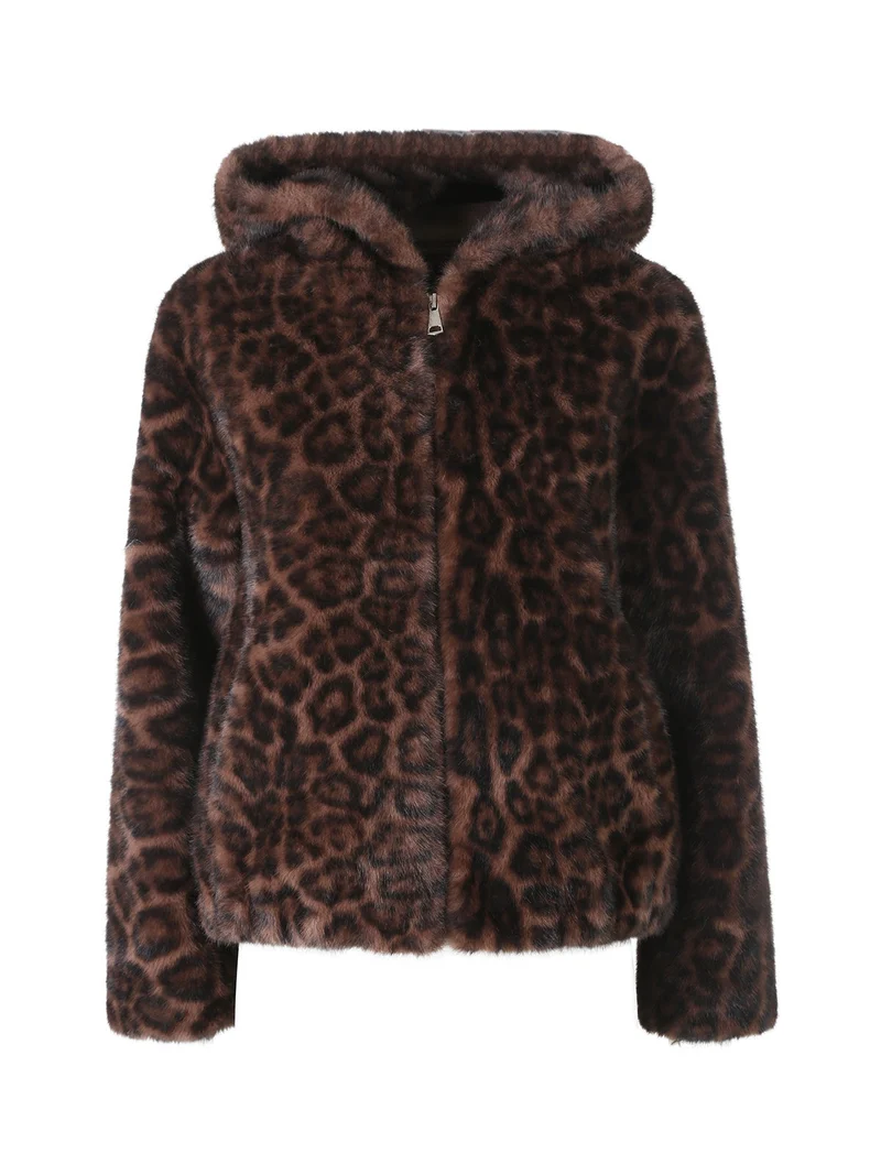 Cappotto corto da donna in ecopelliccia leopardata con cappuccio e zip - moro