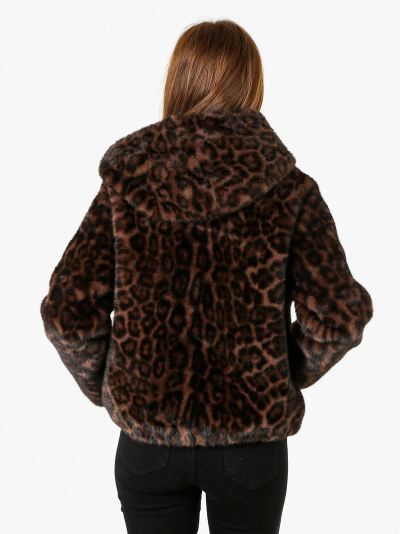 Cappotto corto da donna in ecopelliccia leopardata con cappuccio e zip - moro