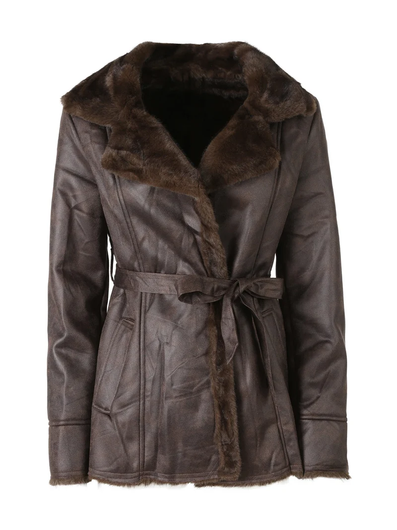Cappotto donna con interno in ecopelliccia - moro