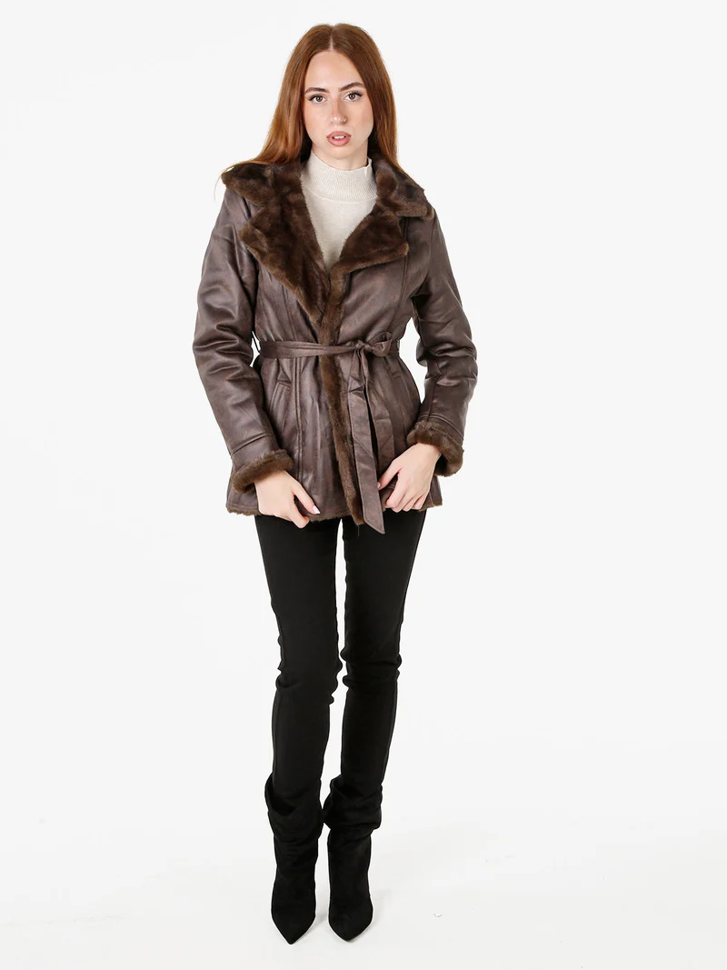 Cappotto donna con interno in ecopelliccia - moro