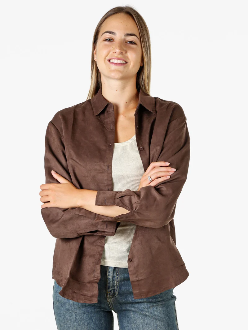 Camicia donna a maniche lunghe in tessuto scamosciato - moro