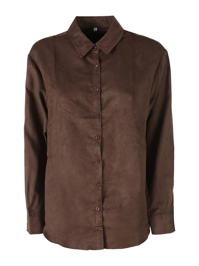 Camicia donna a maniche lunghe in tessuto scamosciato - moro