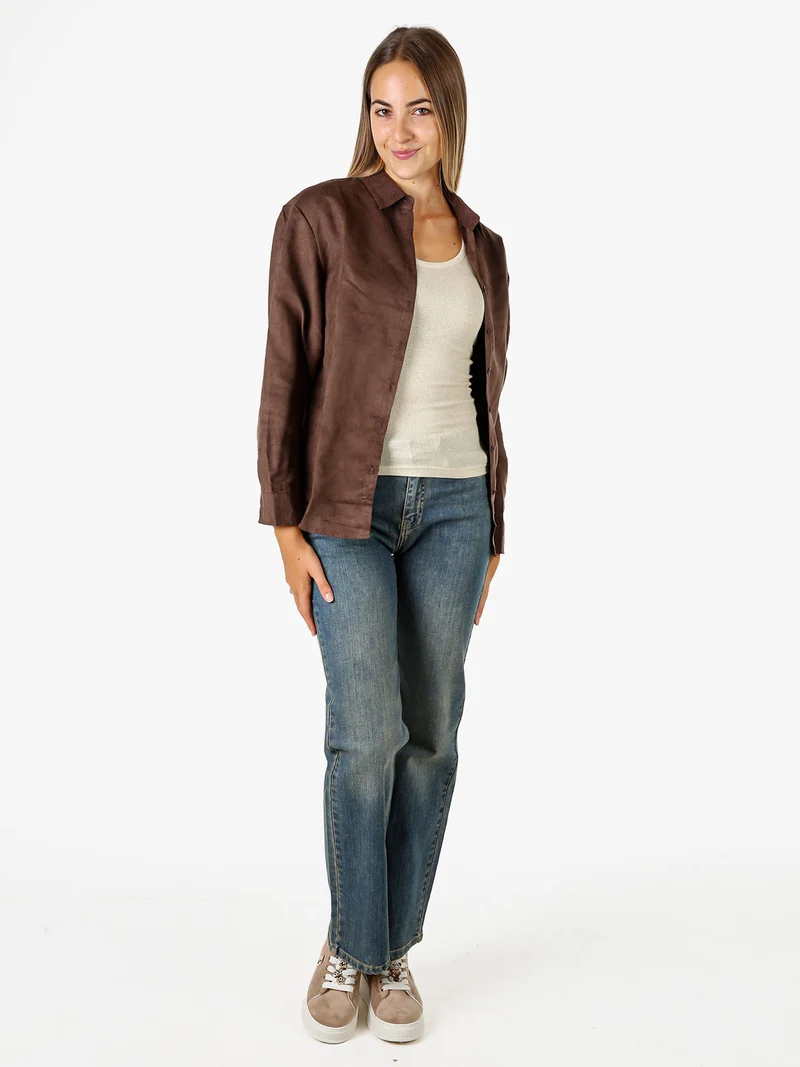 Camicia donna a maniche lunghe in tessuto scamosciato - moro