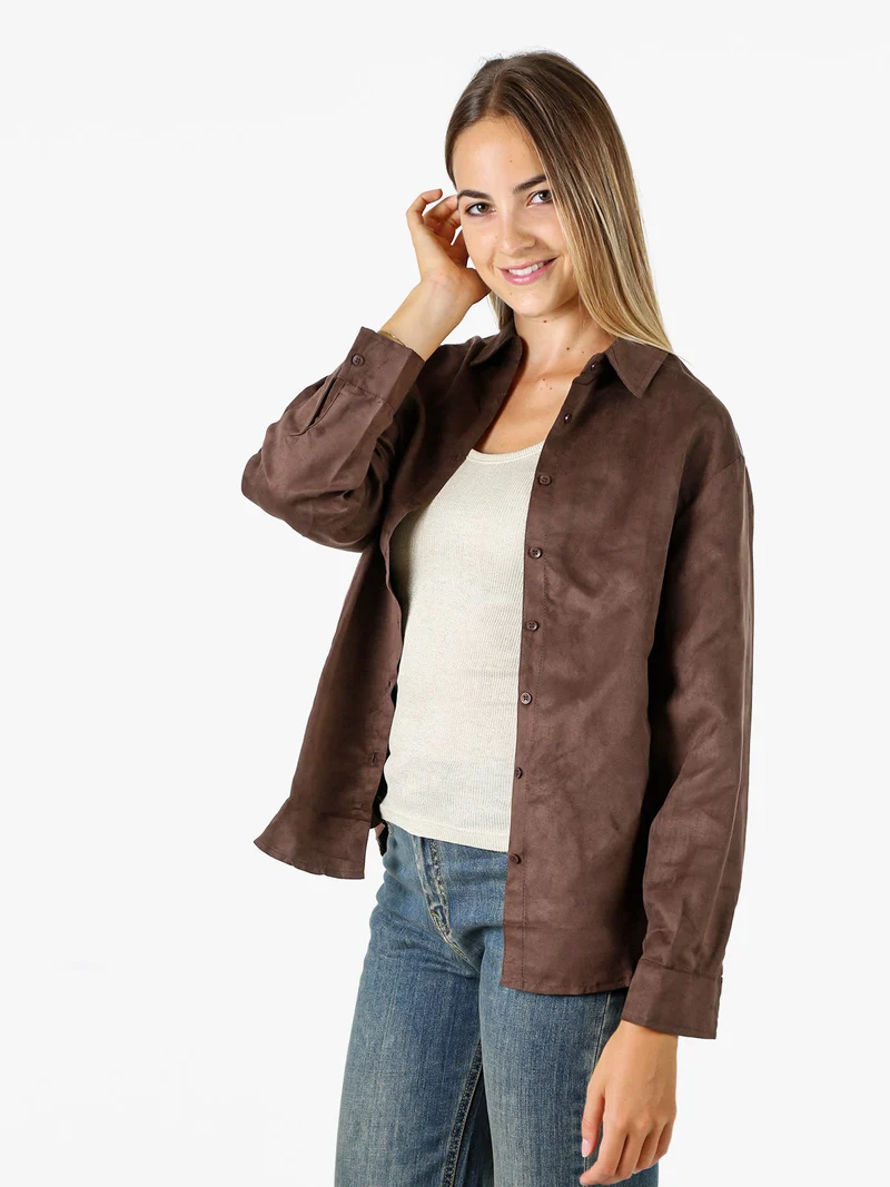 Camicia donna a maniche lunghe in tessuto scamosciato - moro
