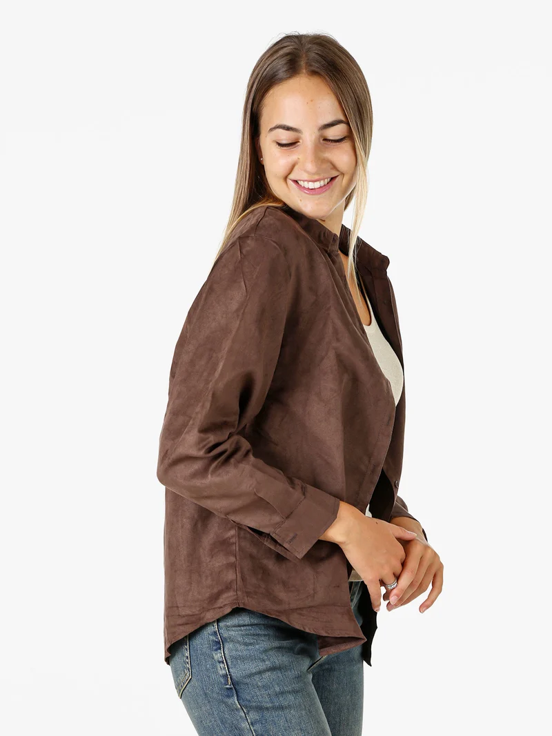Camicia donna a maniche lunghe in tessuto scamosciato - moro