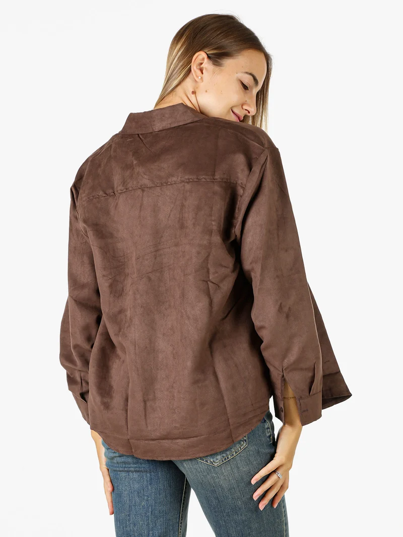 Camicia donna a maniche lunghe in tessuto scamosciato - moro