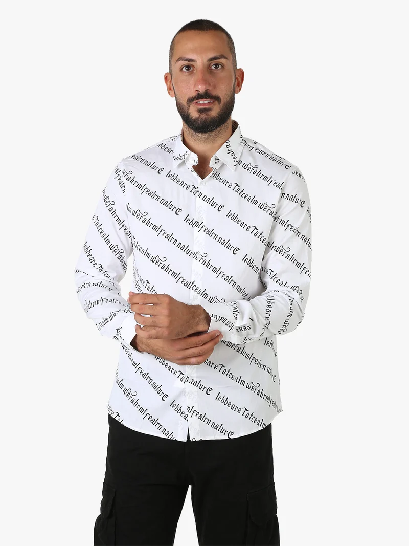 Camicia da uomo in cotone a maniche lunghe con stampa scritte - bianco