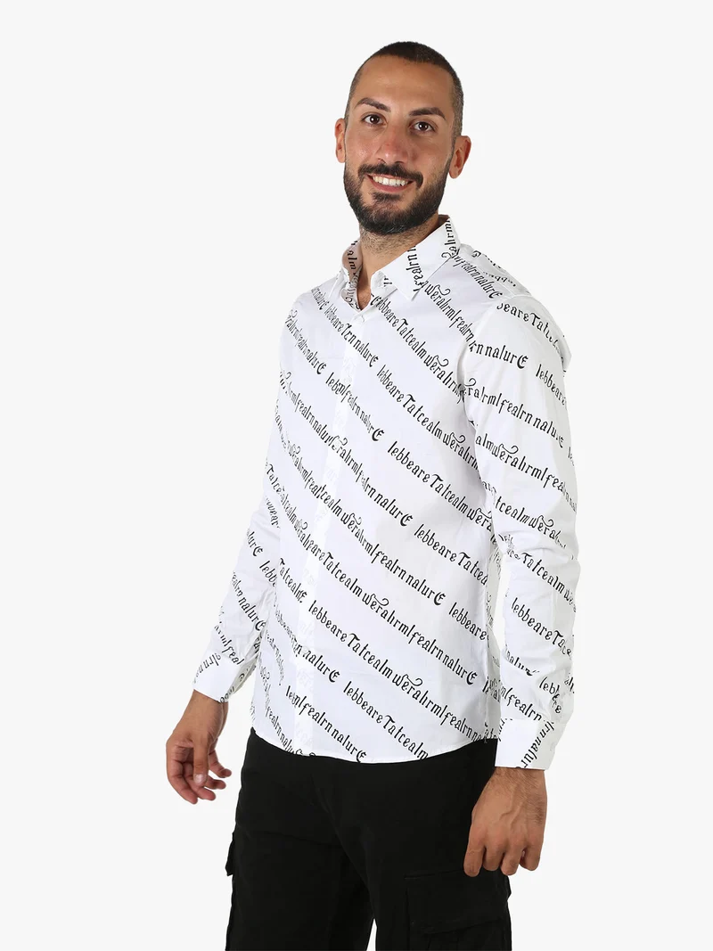 Camicia da uomo in cotone a maniche lunghe con stampa scritte - bianco