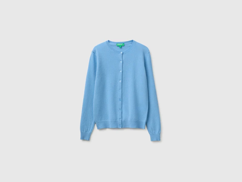 Hellblaue Strickjacke mit Rundhalsausschnitt aus reiner Merinowolle