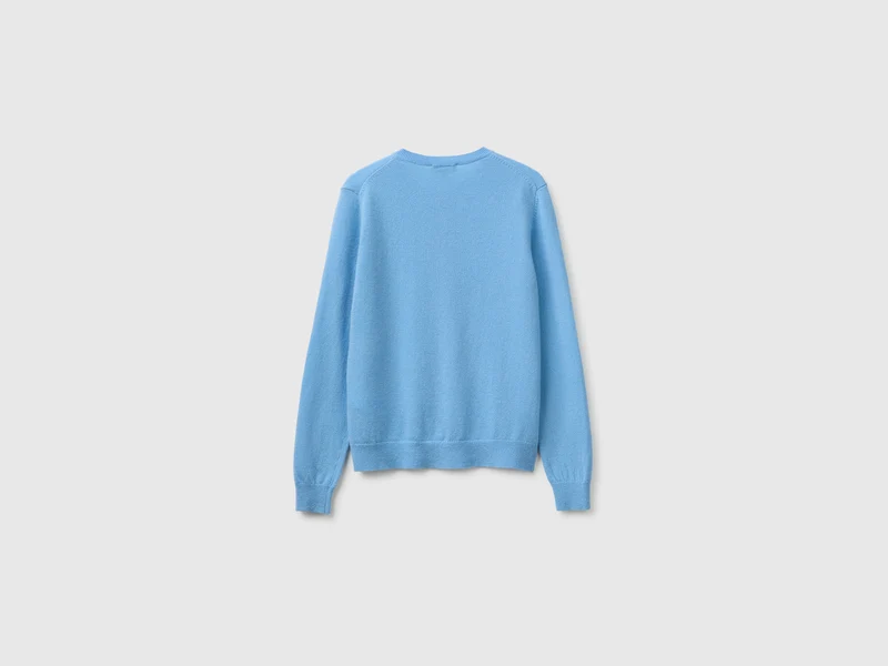 Hellblaue Strickjacke mit Rundhalsausschnitt aus reiner Merinowolle