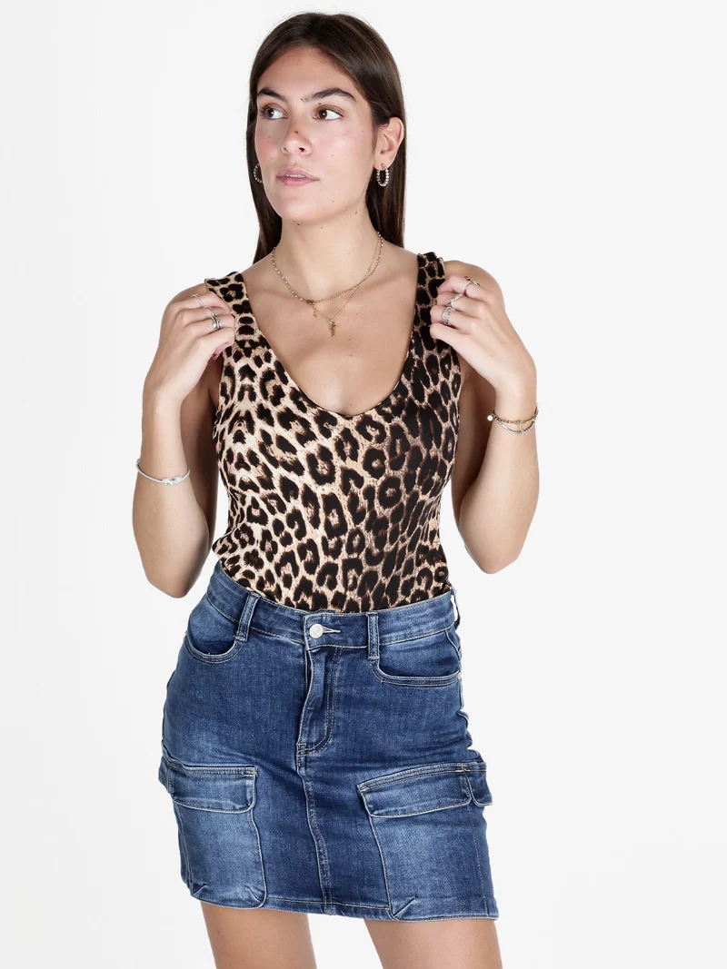 Body donna top maculato senza maniche - cammello