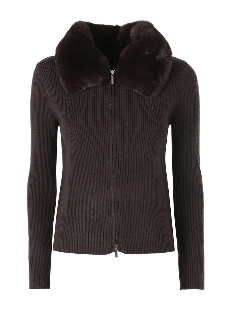 Cardigan da donna in maglia con colletto in ecopelliccia e zip - moro