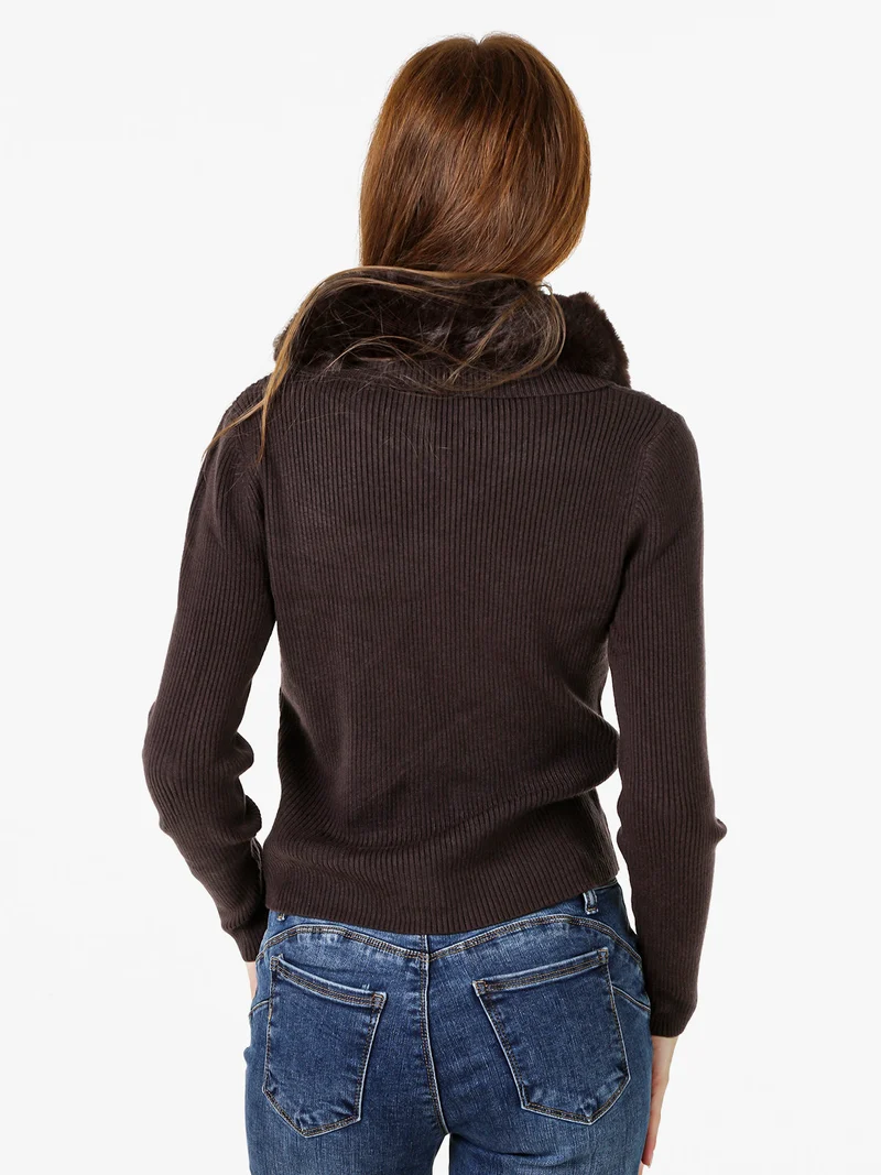 Cardigan da donna in maglia con colletto in ecopelliccia e zip - moro