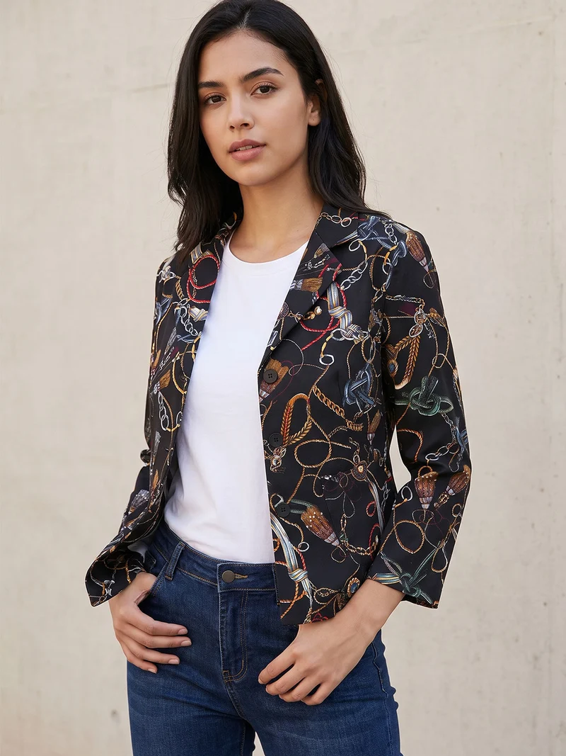 Blazer donna in cotone con maniche a 3/4 e stampe disegni - nero