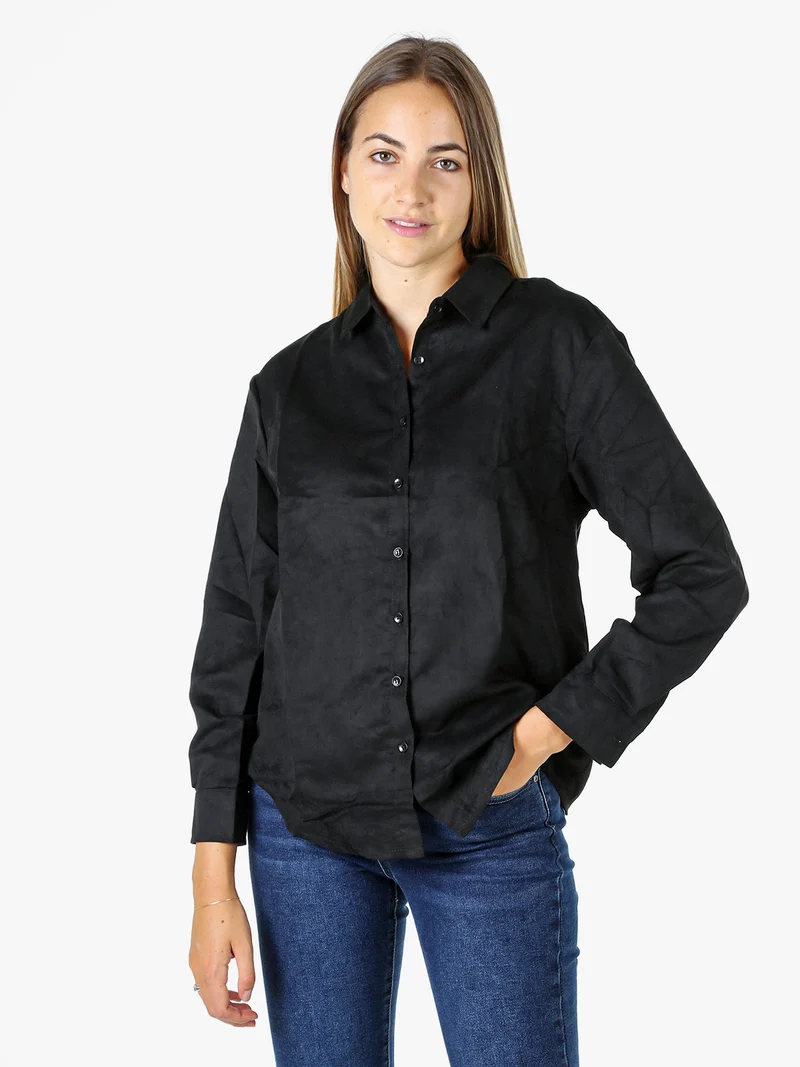 Camicia donna a maniche lunghe in tessuto scamosciato - nero