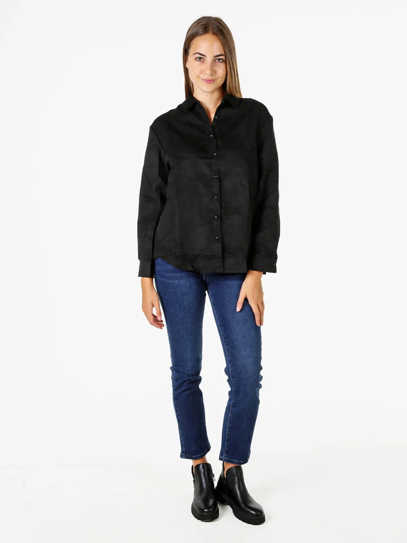 Camicia donna a maniche lunghe in tessuto scamosciato - nero