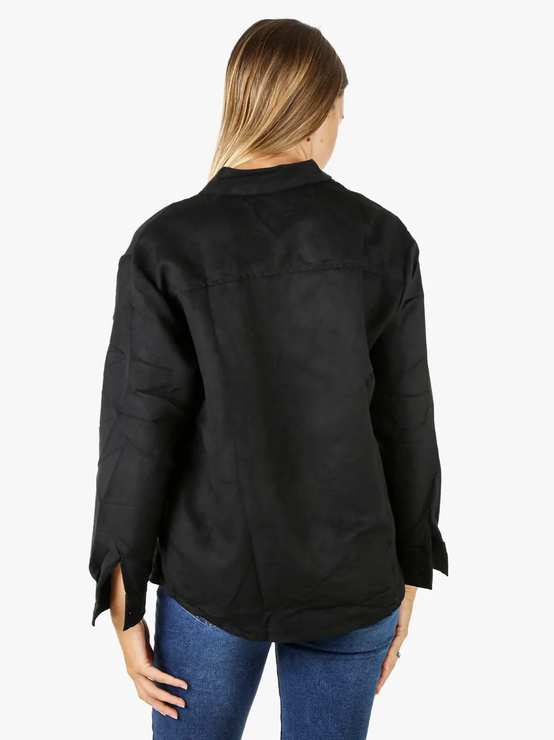 Camicia donna a maniche lunghe in tessuto scamosciato - nero