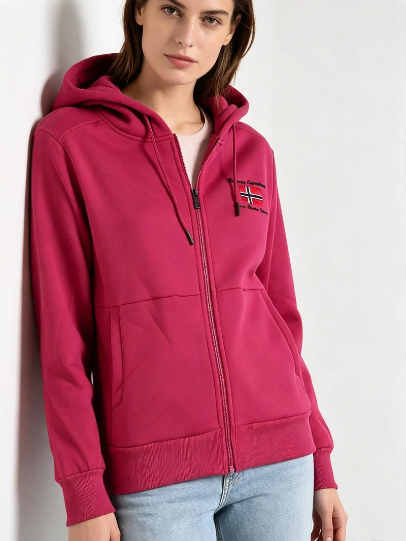 Felpa sportiva da donna full zip con cappuccio e interno felpato - fragola
