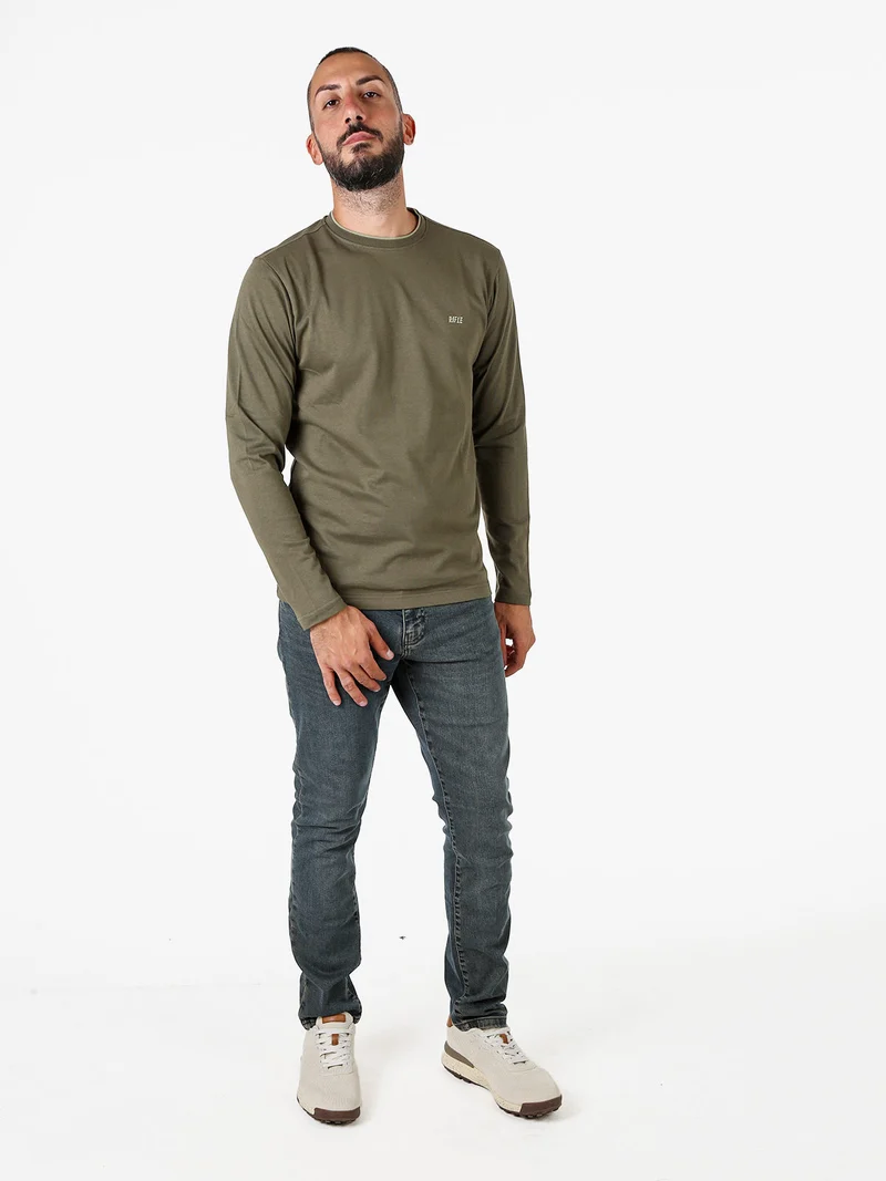 T-shirt girocollo da uomo a maniche lunghe in cotone - militare