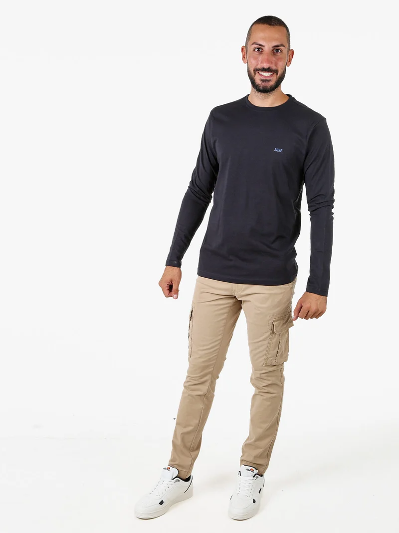 T-shirt girocollo da uomo a maniche lunghe in cotone - blu scuro