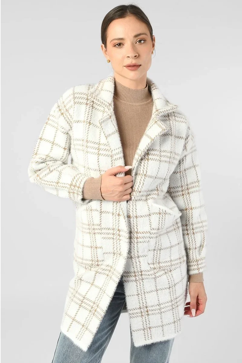 Damen Oversize Mantel mit Karomuster | Lange Übergangsjacke mit Taschen | Weiche Shacket in Einheitsgröße