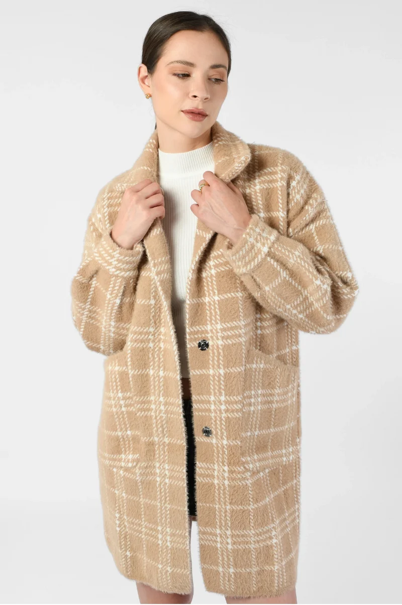 Damen Oversize Mantel mit Karomuster | Lange Übergangsjacke mit Taschen | Weiche Shacket in Einheitsgröße