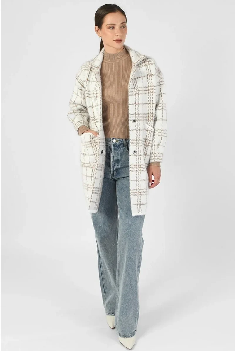 Damen Oversize Mantel mit Karomuster | Lange Übergangsjacke mit Taschen | Weiche Shacket in Einheitsgröße