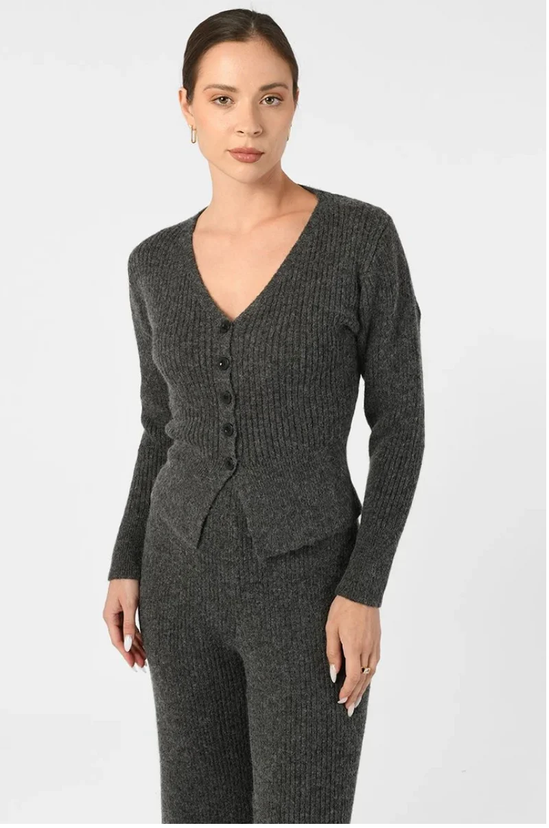 Damen Strick-Zweiteiler gerippt | Strickjacke mit weiter Strickhose | Elegantes Lounge-Set