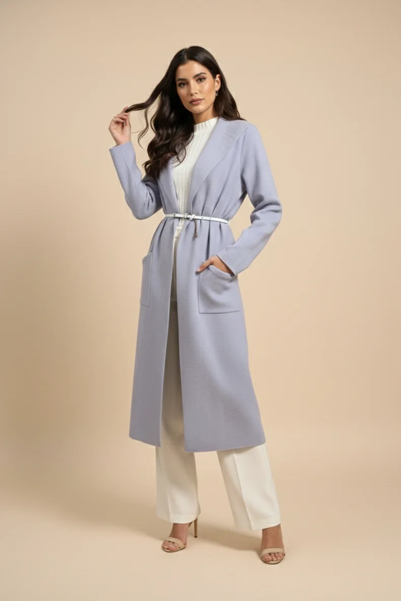 Damen Mantel mit Cape-Kragen | Langer Übergangsmantel mit offenen Front | Eleganter Longline-Mantel