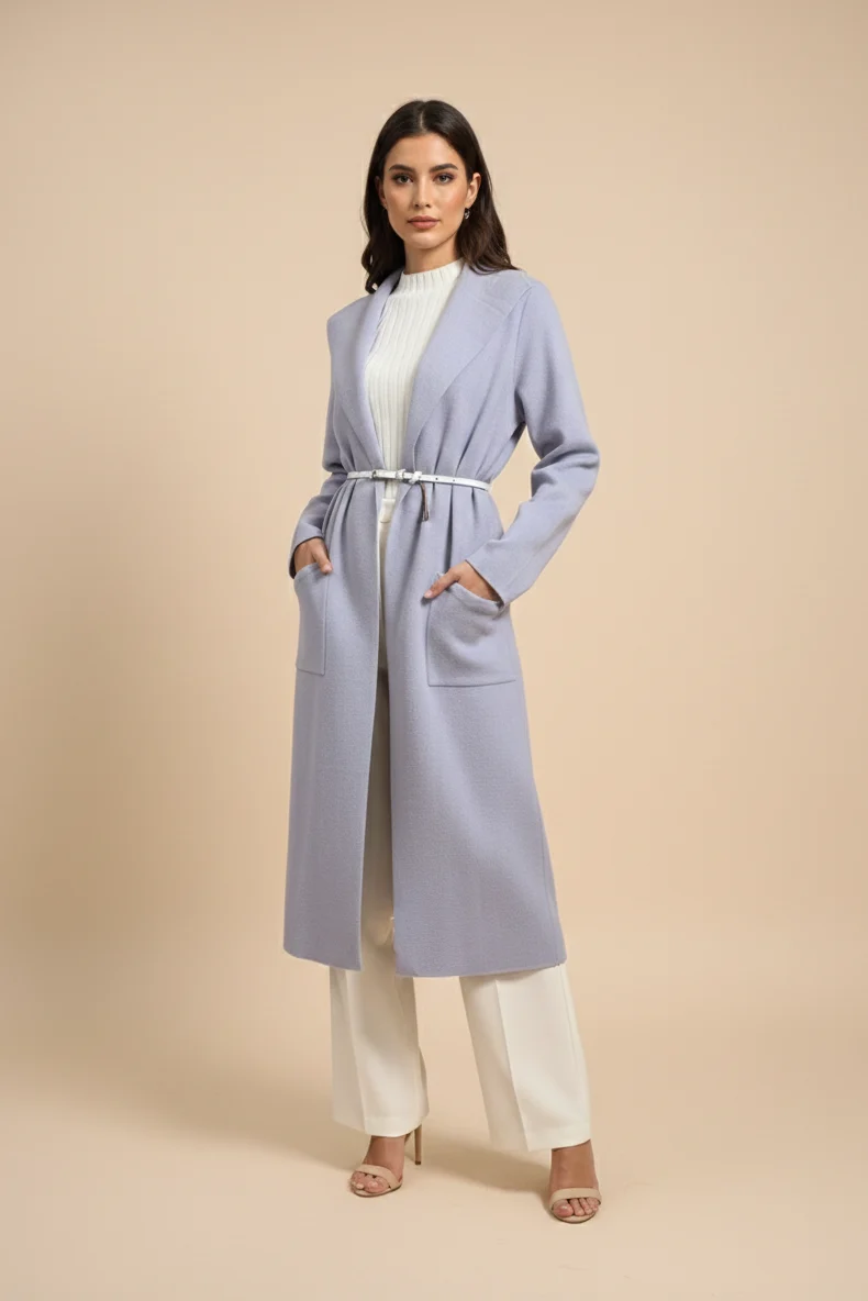 Damen Mantel mit Cape-Kragen | Langer Übergangsmantel mit offenen Front | Eleganter Longline-Mantel