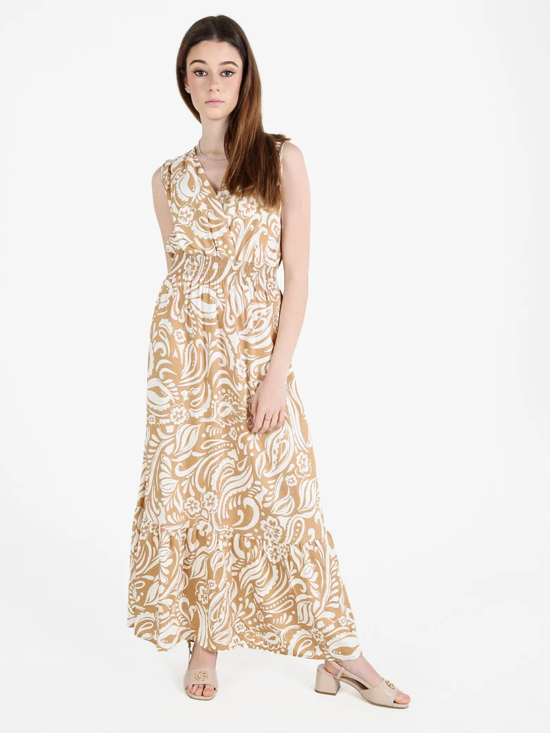 Abito lungo da donna smanicato con scollo a V - beige
