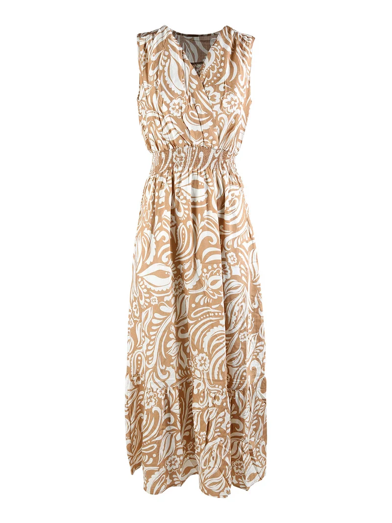 Abito lungo da donna smanicato con scollo a V - beige