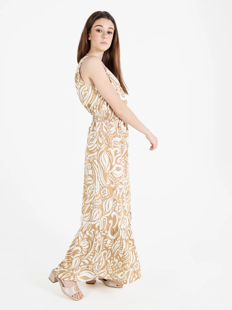 Abito lungo da donna smanicato con scollo a V - beige