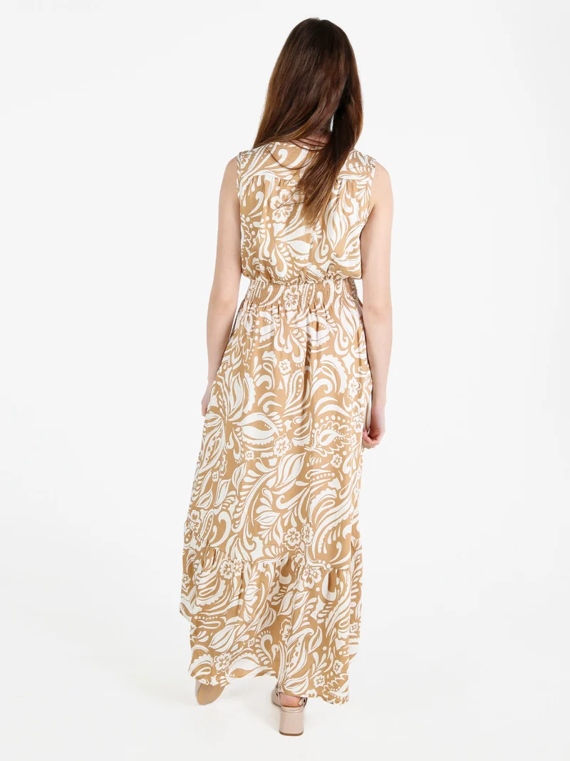 Abito lungo da donna smanicato con scollo a V - beige