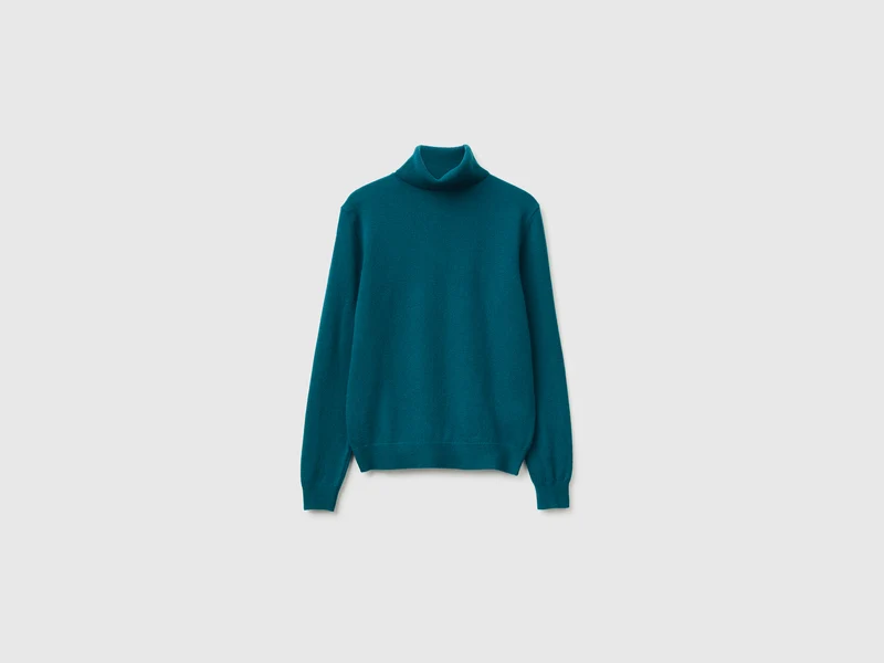 Türkisfarbener Rollkragenpullover aus reiner Merinowolle