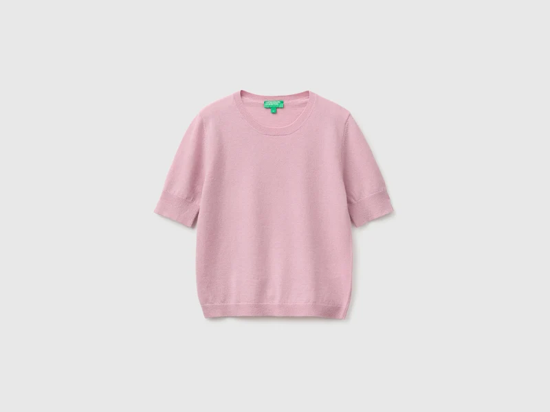 Lila Kurzarmpullover aus reiner Merinowolle