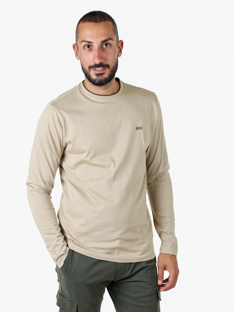 T-shirt girocollo da uomo a maniche lunghe in cotone - sabbia