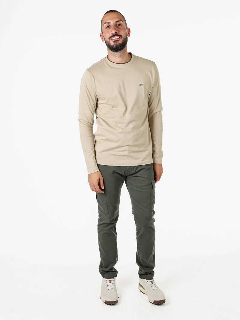 T-shirt girocollo da uomo a maniche lunghe in cotone - sabbia