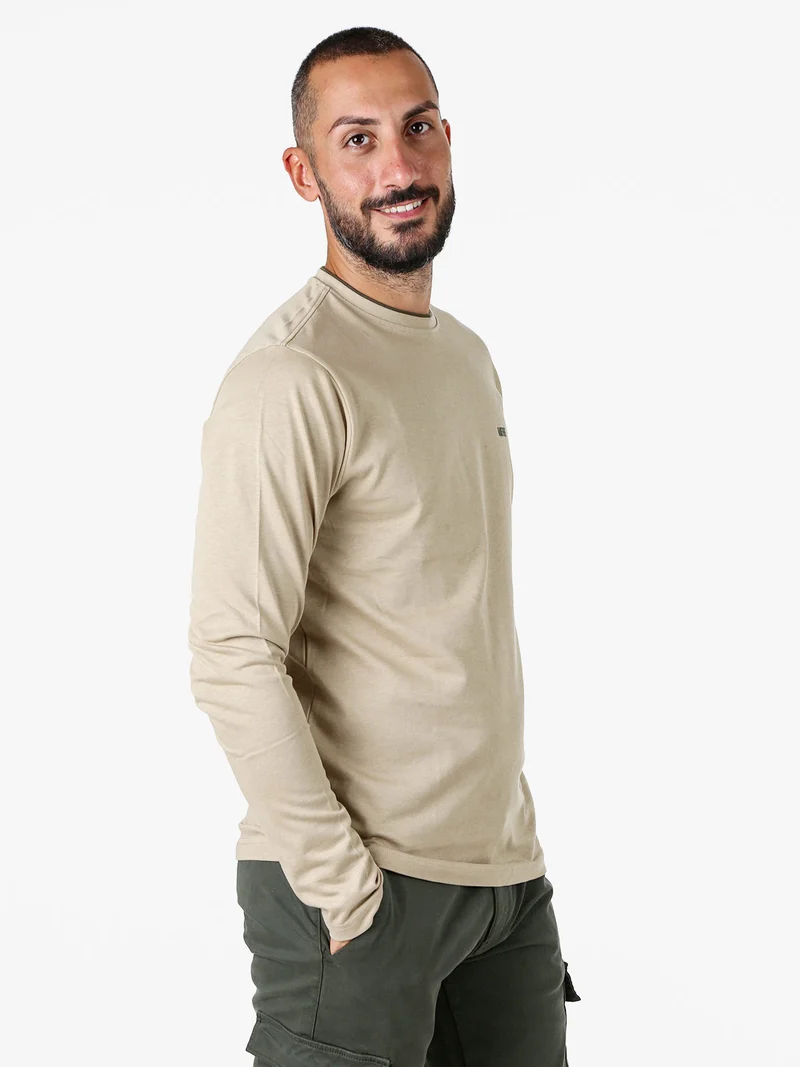 T-shirt girocollo da uomo a maniche lunghe in cotone - sabbia