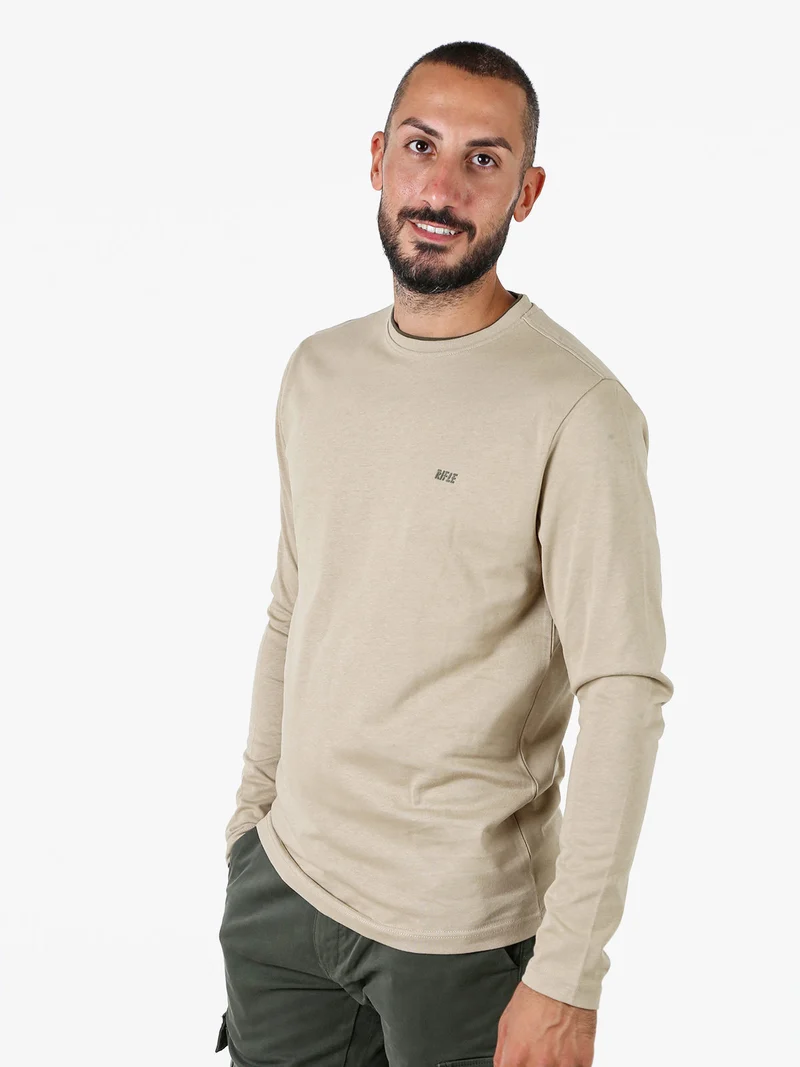 T-shirt girocollo da uomo a maniche lunghe in cotone - sabbia