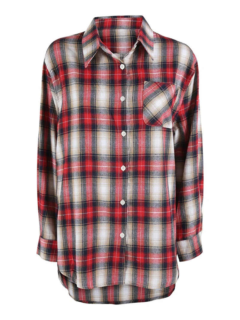 Camicia donna oversize a quadri con stampa orsacchiotto sul retro - rosso