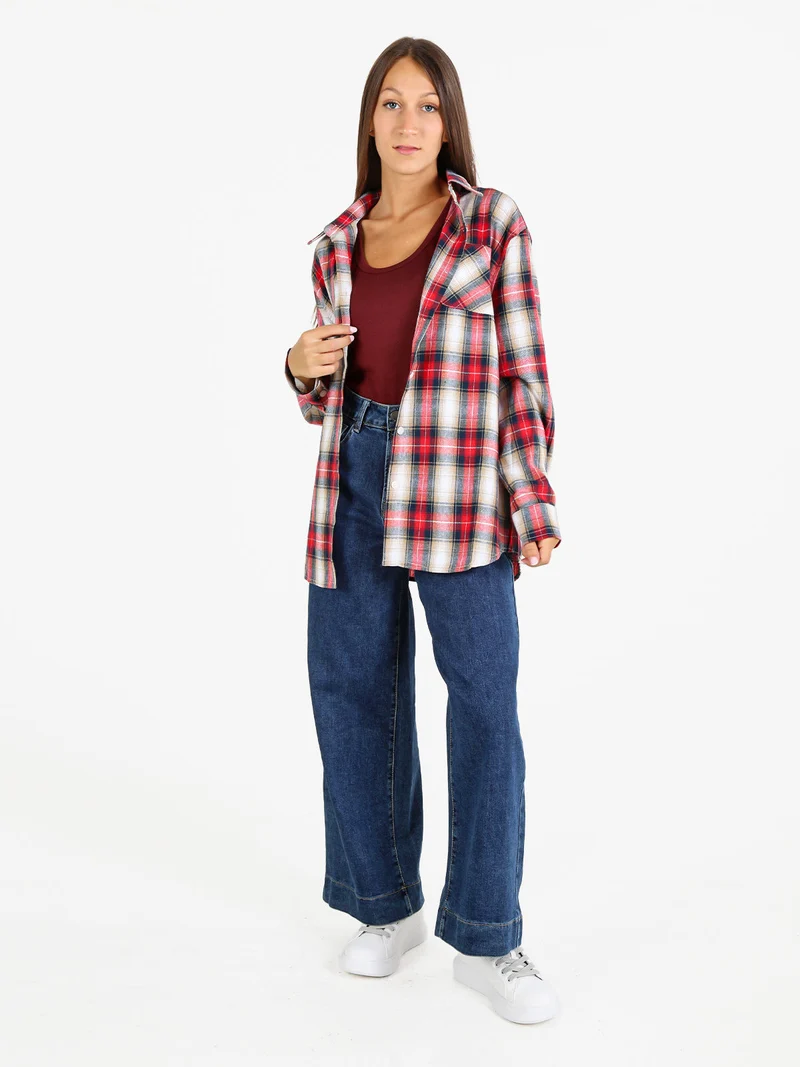 Camicia donna oversize a quadri con stampa orsacchiotto sul retro - rosso
