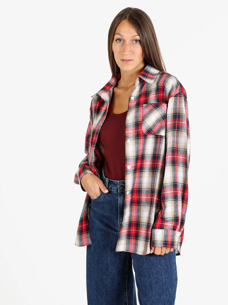 Camicia donna oversize a quadri con stampa orsacchiotto sul retro - rosso