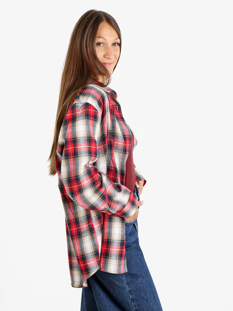 Camicia donna oversize a quadri con stampa orsacchiotto sul retro - rosso