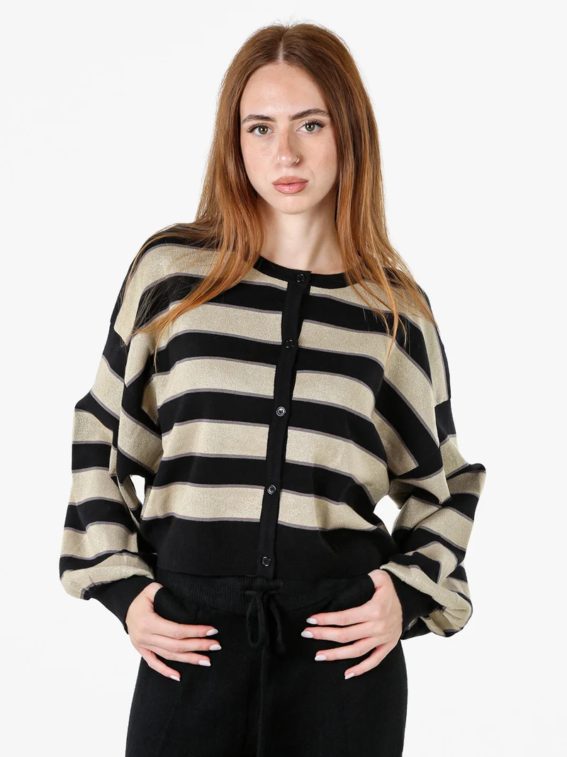 Cardigan da donna a righe con bottoni e lurex - nero