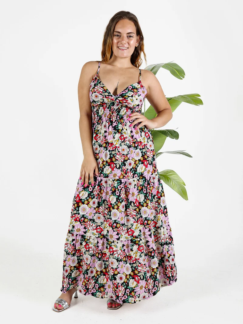Abito lungo da donna fiorati con spalline sottili - lilla