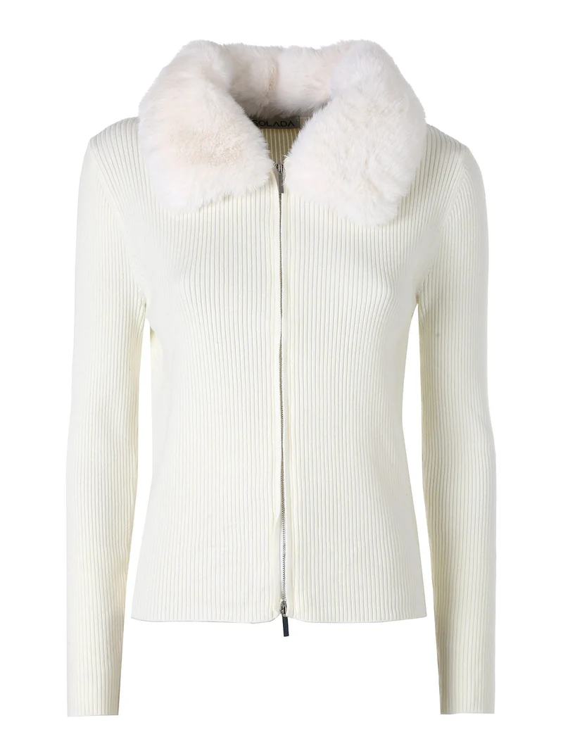 Cardigan da donna in maglia con colletto in ecopelliccia e zip - bianco