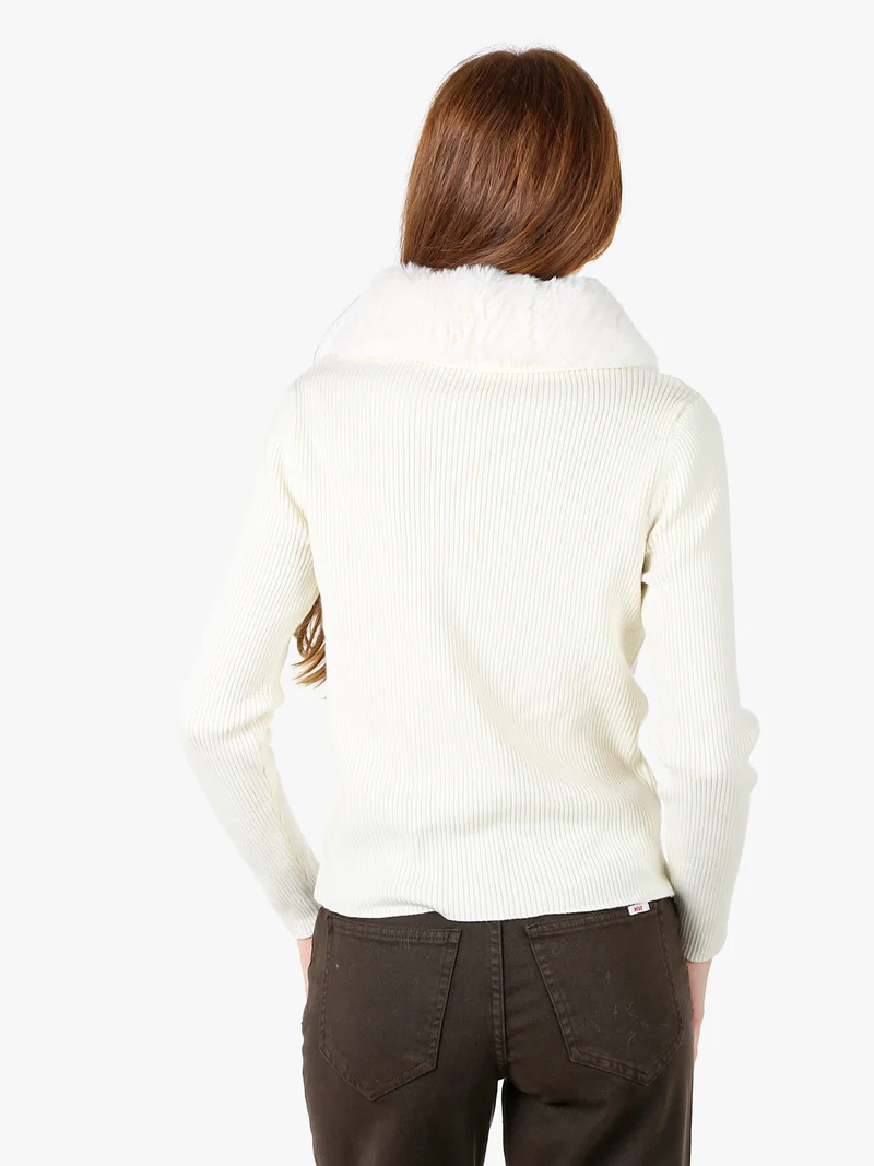 Cardigan da donna in maglia con colletto in ecopelliccia e zip - bianco