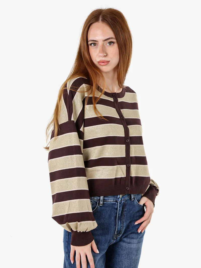 Cardigan da donna a righe con bottoni e lurex - moro