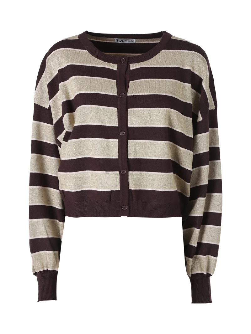 Cardigan da donna a righe con bottoni e lurex - moro